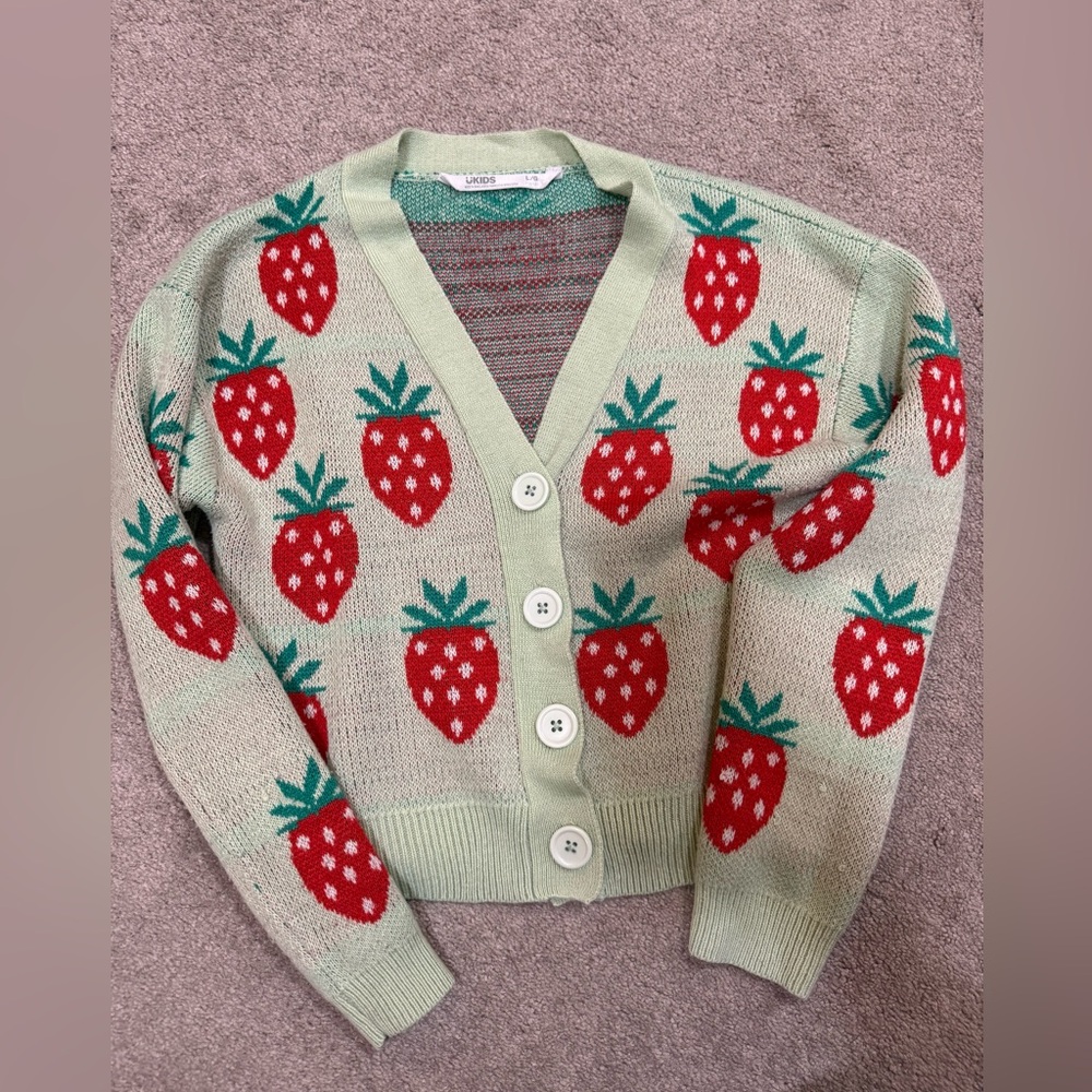 Strawberry Pattern Kids Cardigan - Green and Red